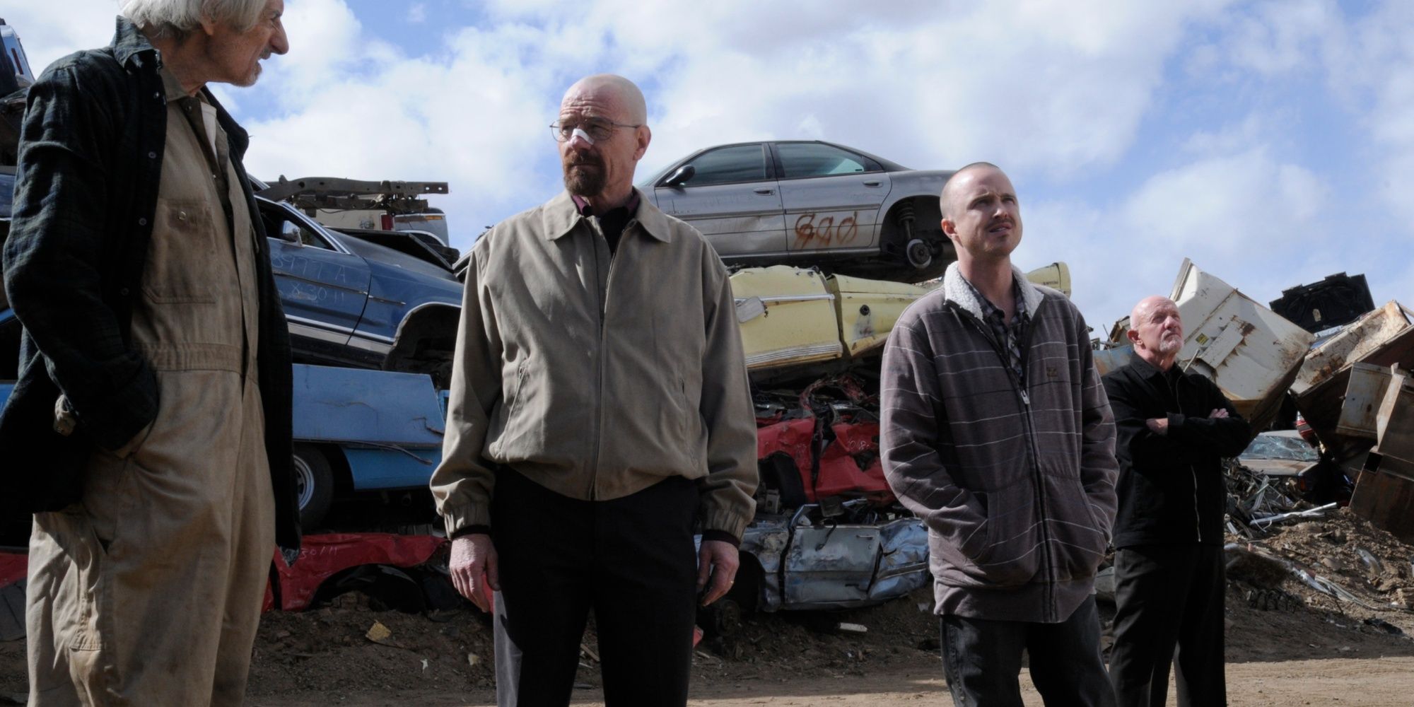 Old Joe (Larry Hankin), Walter White (Bryan Cranston), Jesse Pinkman (Aaron Paul) and Mike Ehrmantraut in Breaking Bad 