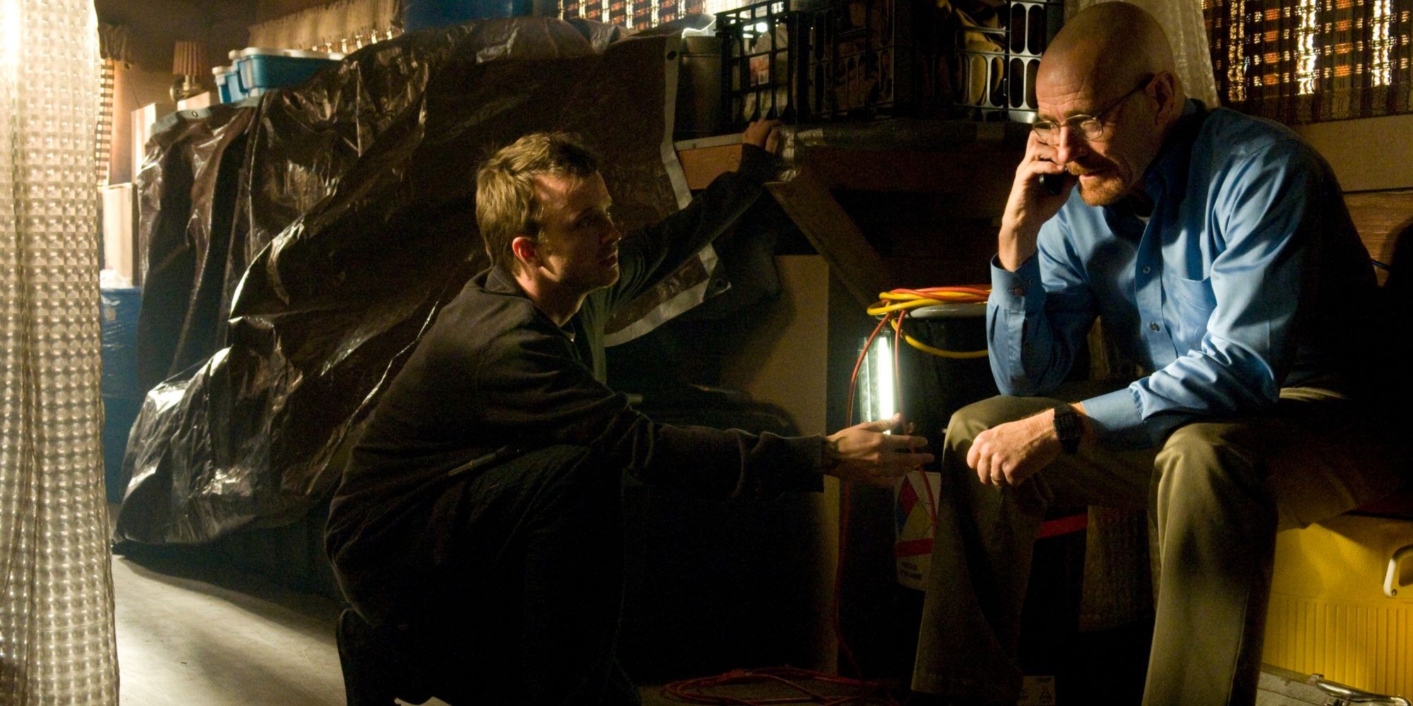 Jesse Pinkman (Aaron Paul) and Walter White (Bryan Cranston) sitting in R.V. in Breaking Bad