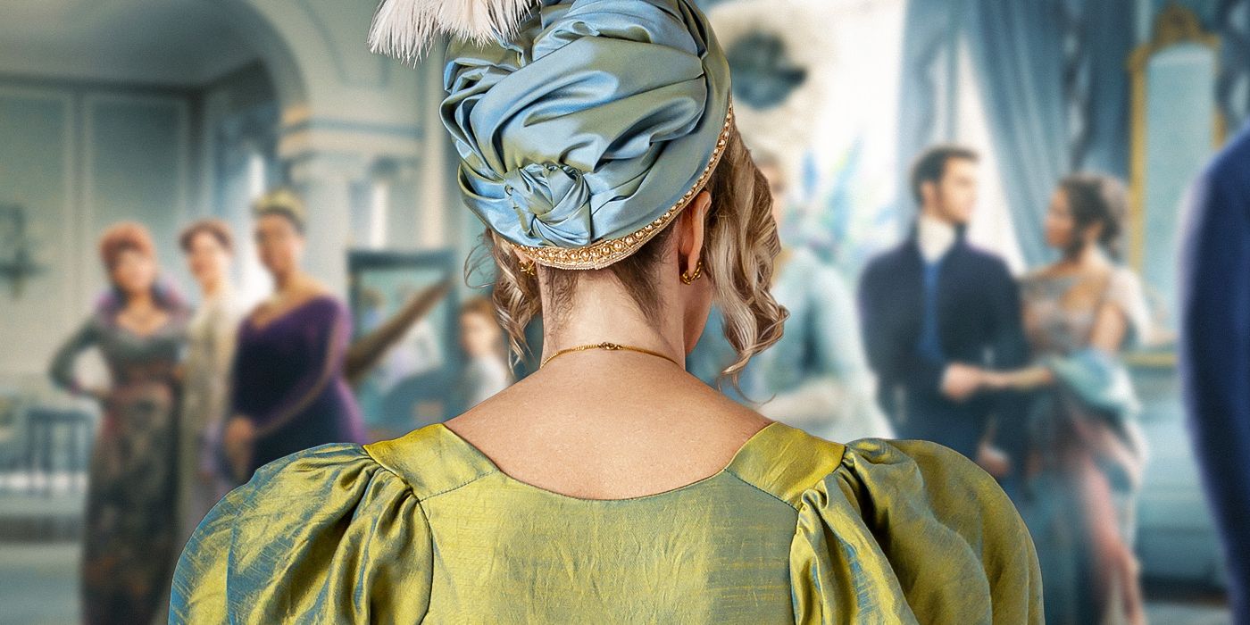 Regency woman standing in front of the Bridgerton cast 