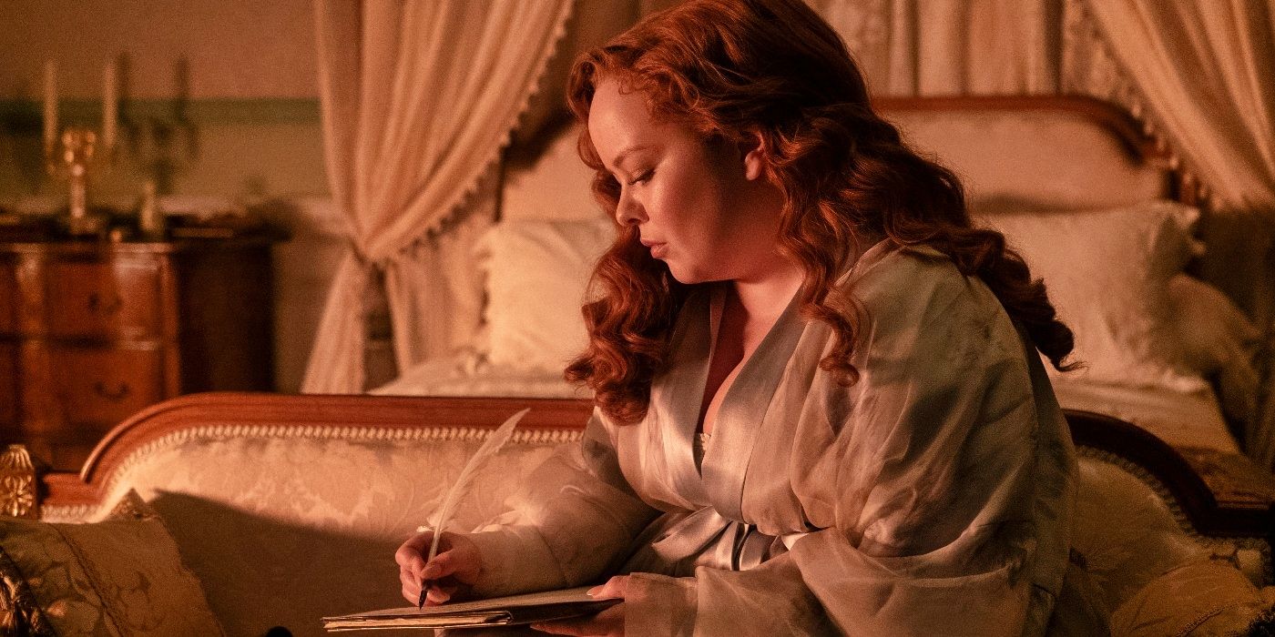 Nicola Coughlan writing with quill and ink as Lady Whistledown in Bridgerton Season 3
