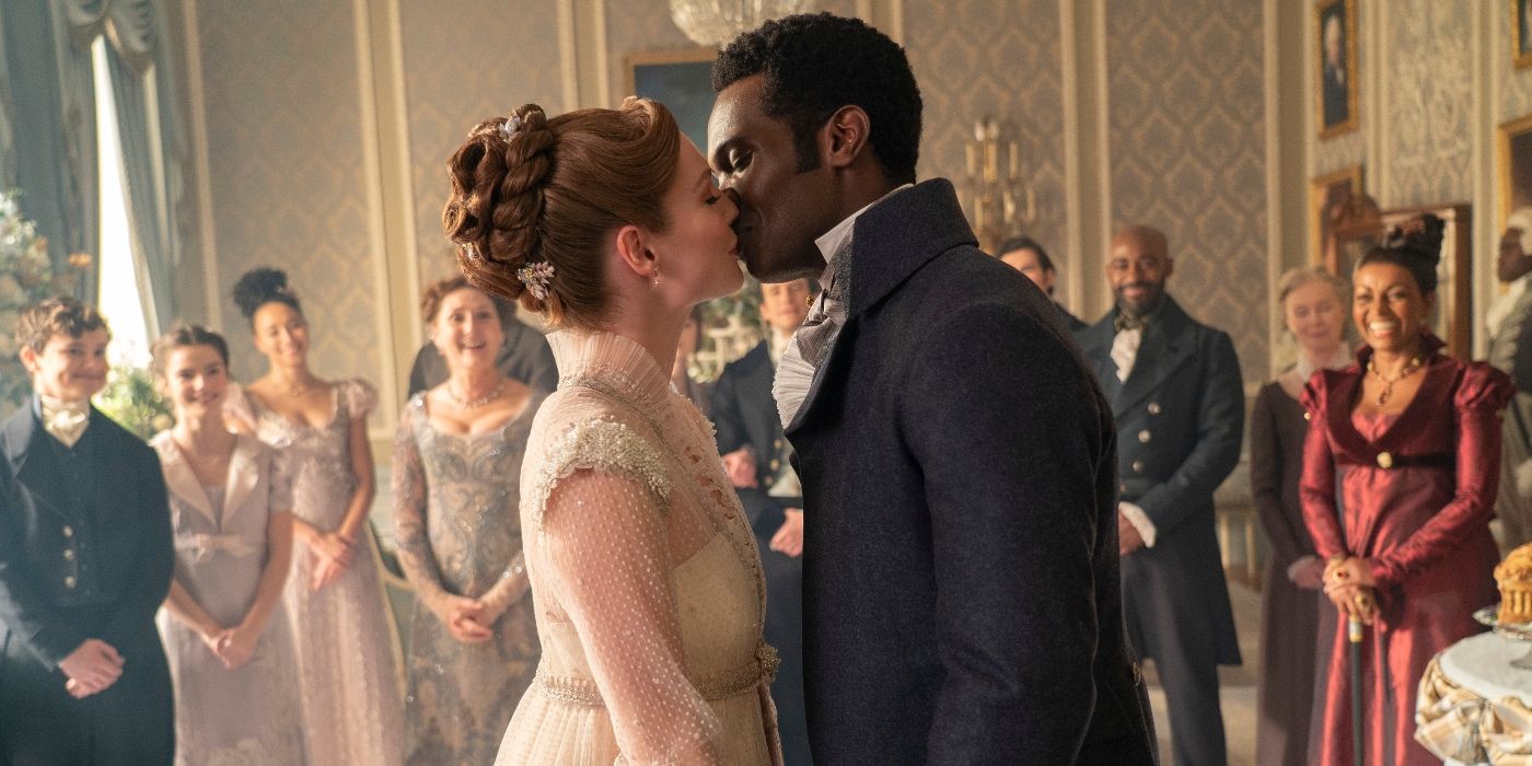 Hannah Dodd and Victor Alli kissing during Francesca and John's wedding in the Bridgerton Season 3 finale