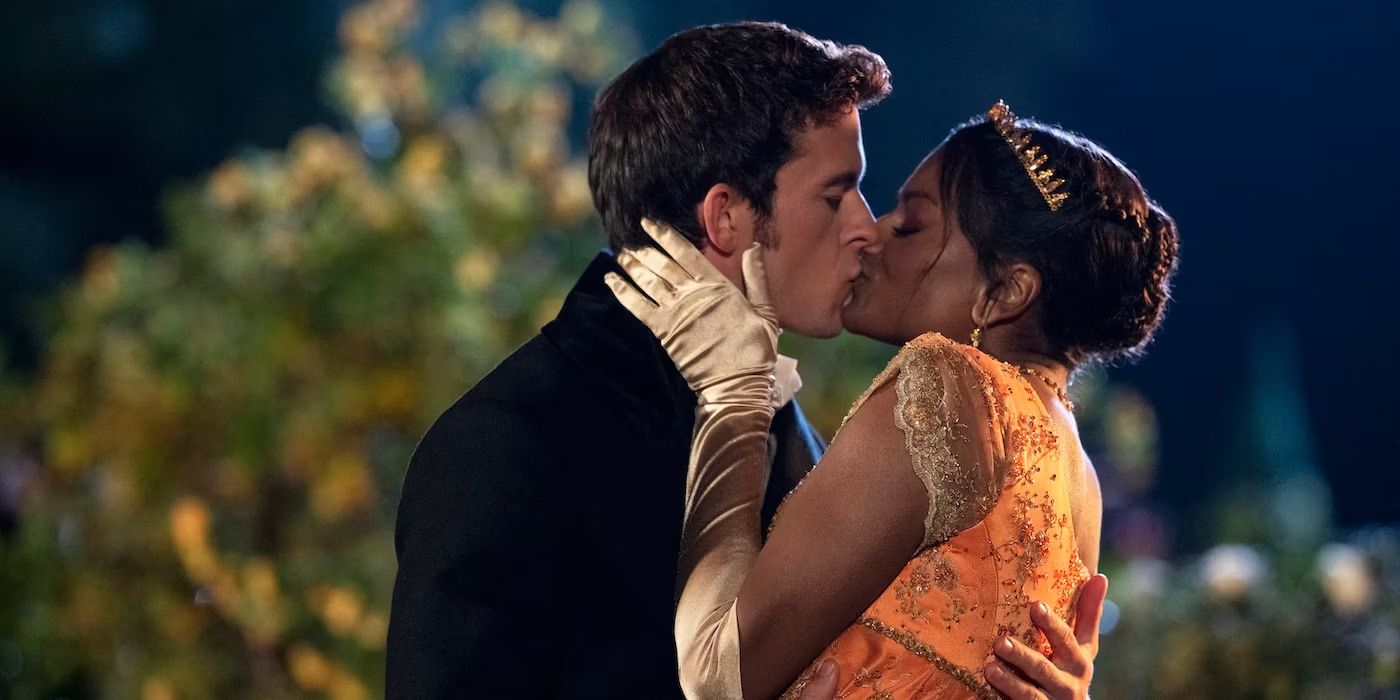 Anthony Bridgerton, played by Jonathan Bailey, and Kate Sharma, played by Simone Ashley, share a kiss in 'Bridgerton'