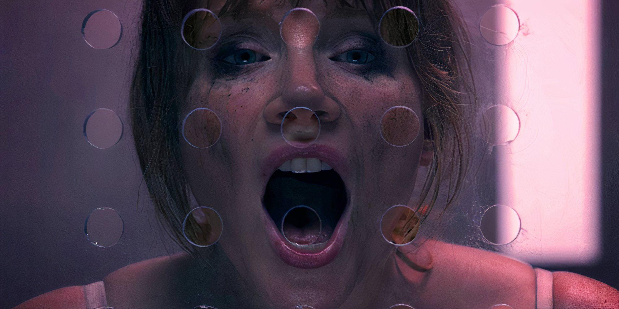 Close-up shot of Bryce Dallas Howard as Lacie in Black Mirror Nosedive with her mouth open.