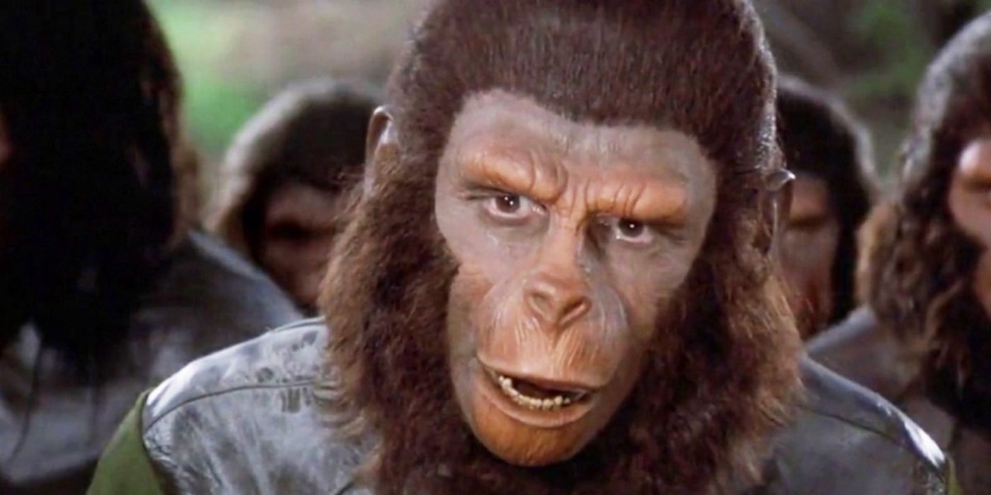 Caesar (Roddy McDowell) gives a surprised expression as he is backed up by his fellow apes in &lsquo;Battle for the Planet of the Apes&rsquo; (1973).