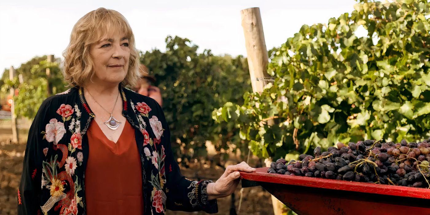 Carmen Maura with one hand on a cart filled with grapes, standing in the middle of a vineyard in 'Land of Women'.