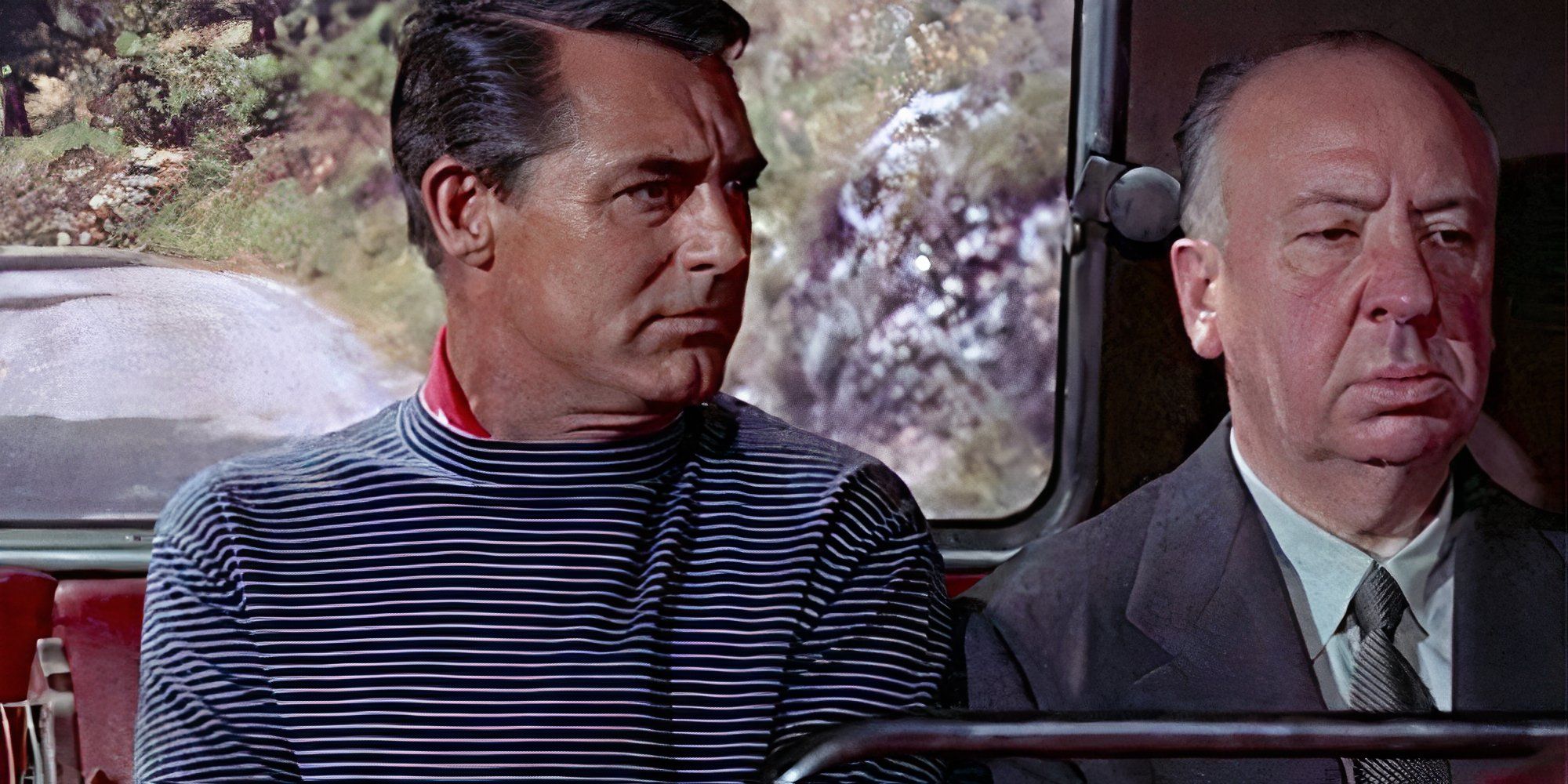 Cary Grant sitting next to Alfred Hitchcock on a bus in To Catch a Thief (1955)-1