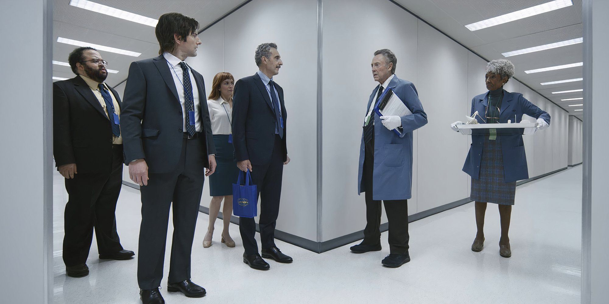 Christopher Walken, John Turturro, Adam Scott, Claudia Robinson, Britt Lower, and Zach Cherry in Severance in the episode In Perpetuity