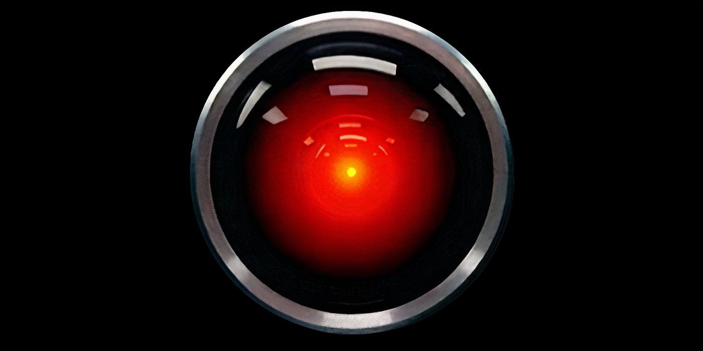 A close-up of HAL's red unblinking eye in '2001: A Space Odyssey'