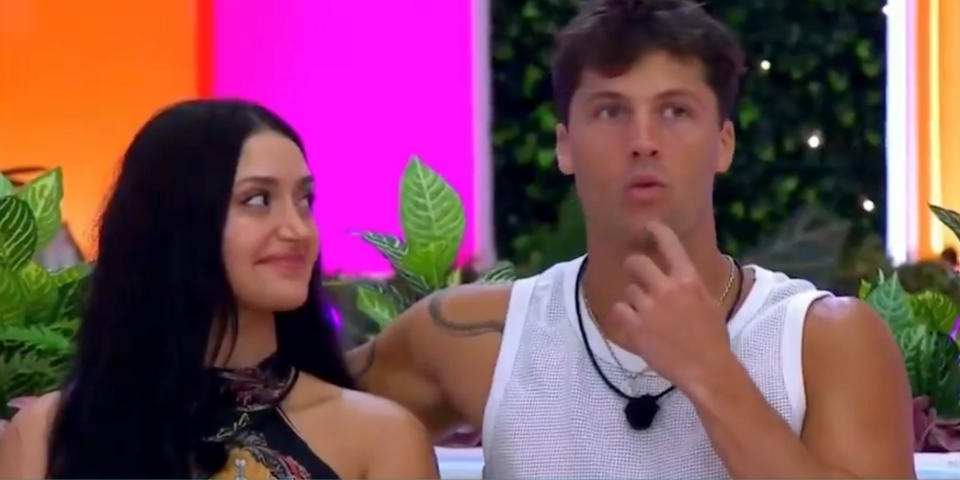 Leah looks at a shocked Rob during the recoupling on &ldquo;Love Island USA.&quot;