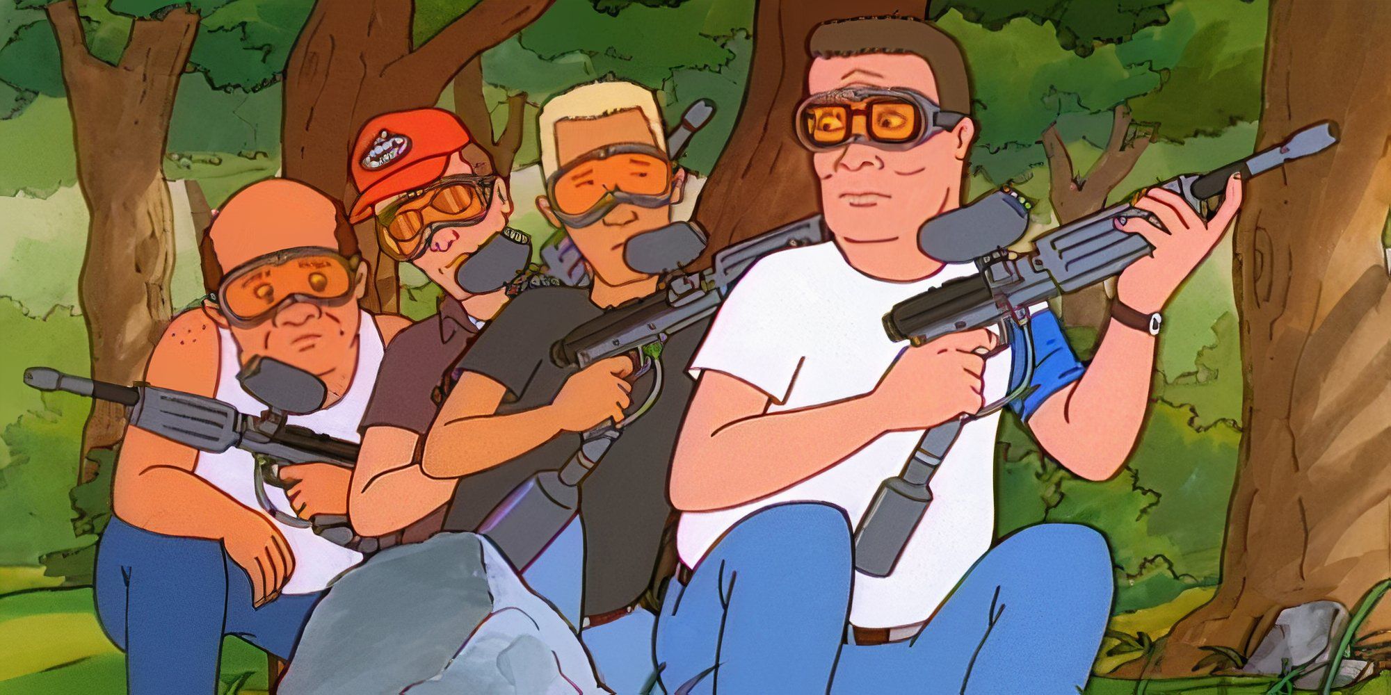 Dale, Hank, Bill and Boomhauer crouch in bushes with paintball guns and goggles.