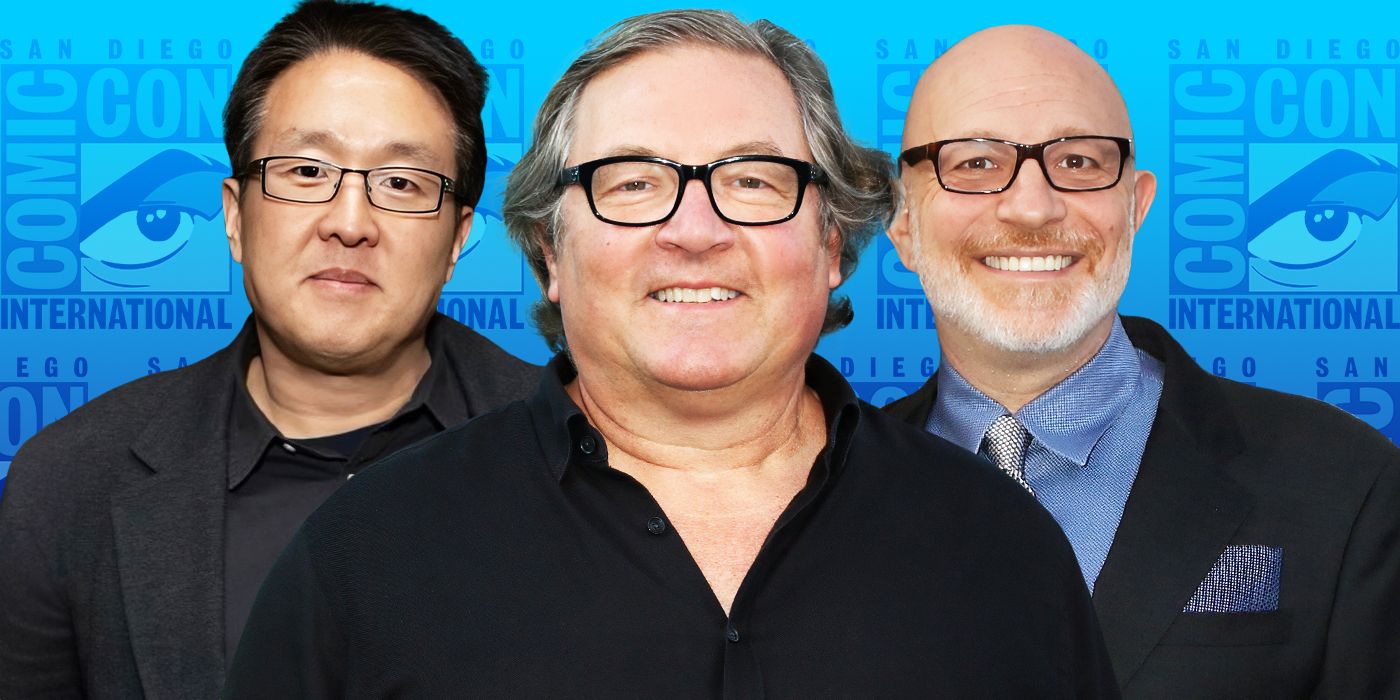 Smiling headshots of Roy Lee, Lorenzo di Bonaventura, and Akiva Goldsman against a blue Comic-Con backdrop