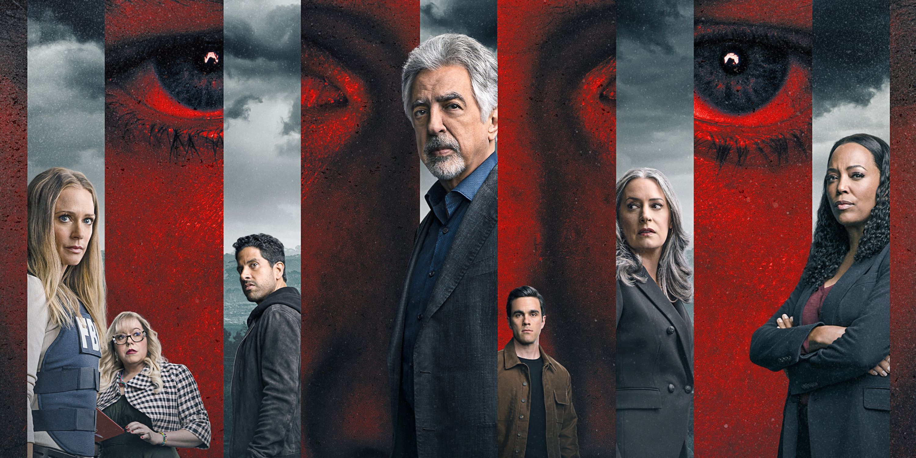 Póster del reparto de Criminal Minds: Evolution que incluye a Joe Mantegna, Paget Brewster, AJ Cooke y Aisha Tyler 