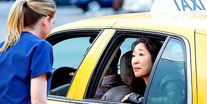 Cristina Yang saying goodbye to Meredith Grey from an open taxi window in Grey's Anatomy