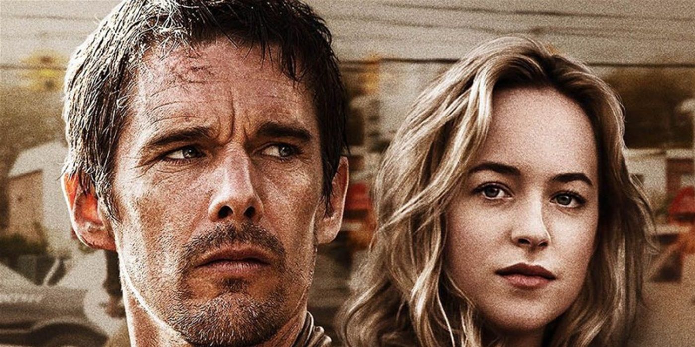 Ethan Hawke as Iachimo and Dakota Johnson as Imogen on a cropped poster for Cymbeline