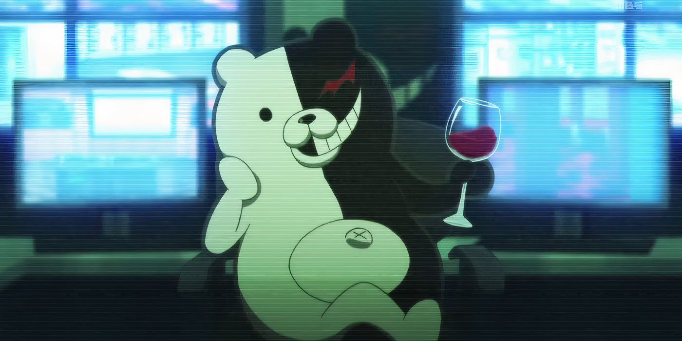 Monokuma swirling around a glass of wine while sitting in a chair on television in 'Danganronpa: The Animation'