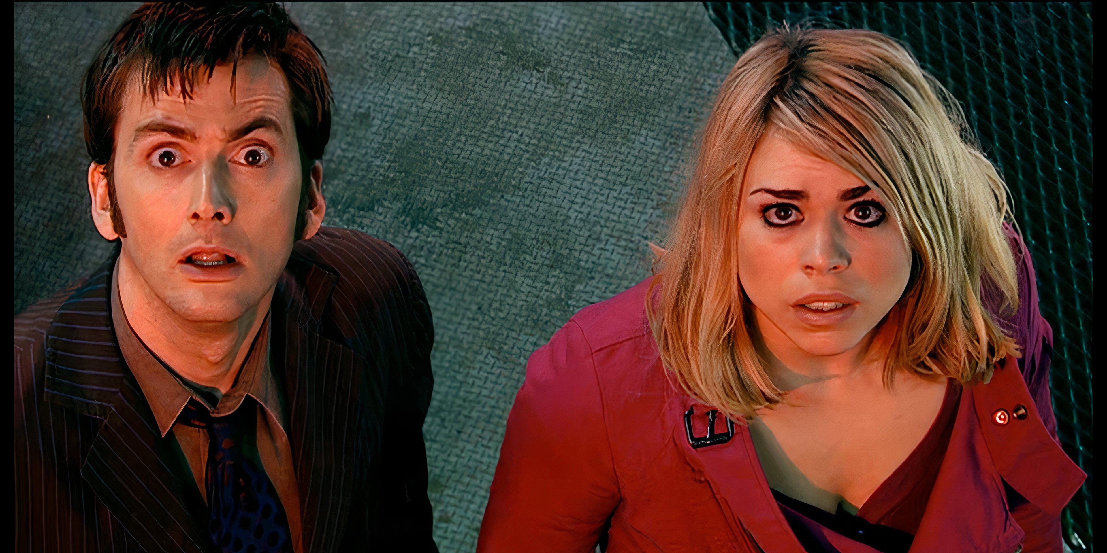 David Tennant as the Tenth Doctor and Billie Piper as Rose looking up frightened in Doctor Who, "The Impossible Planet"