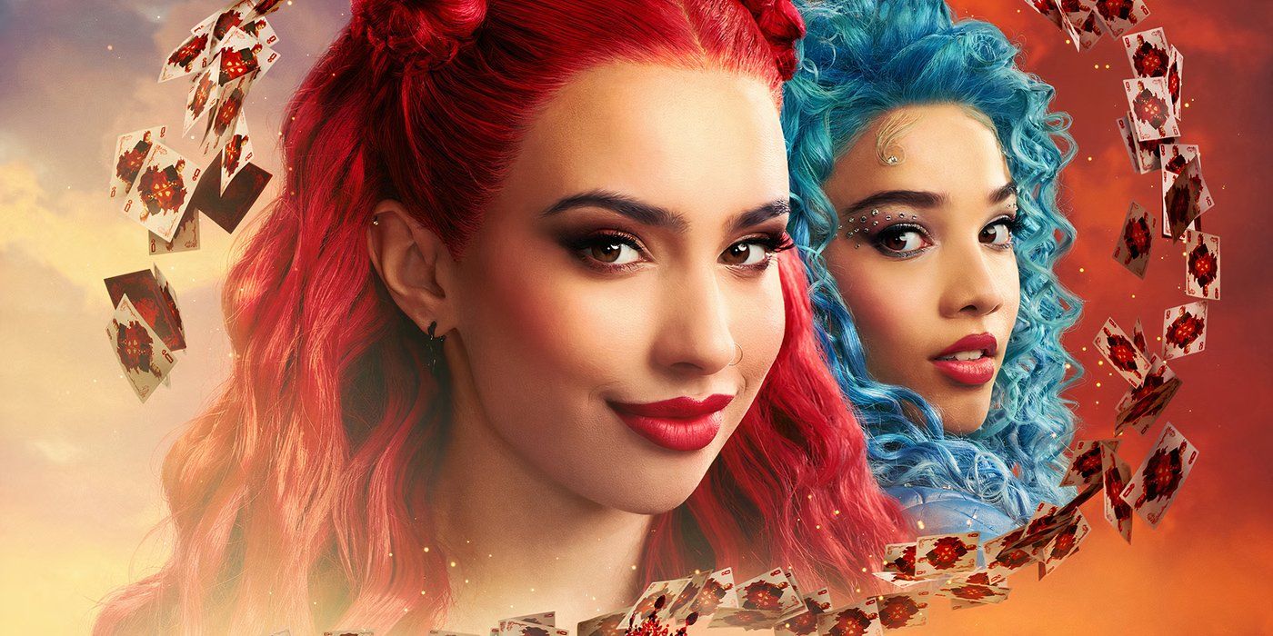 two princesses with Red and Blue hair surrounded by cards with hearts in Descendants