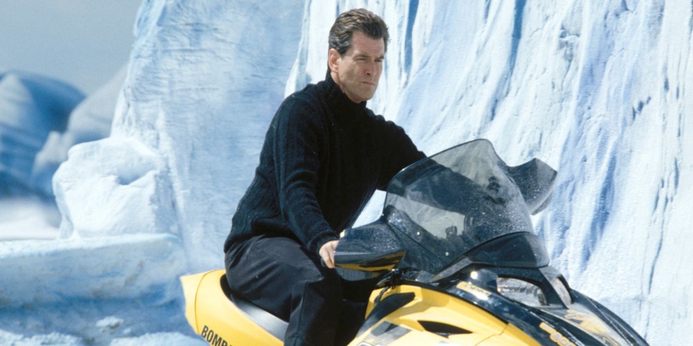 Pierce Brosnan, as James Bond, rides a snowmobile in Die Another Day