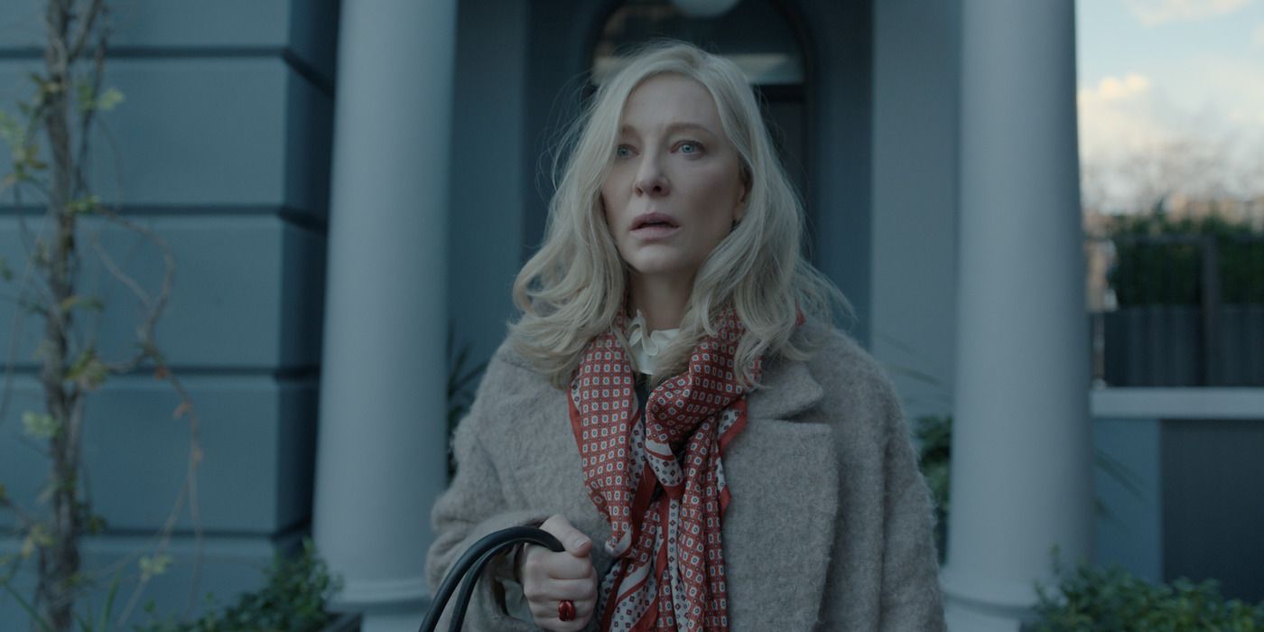 La imagen de 'Descargo de responsabilidad' muestra a Cate Blanchett sorprendida por algo fuera de la pantalla en un día gris y frío.