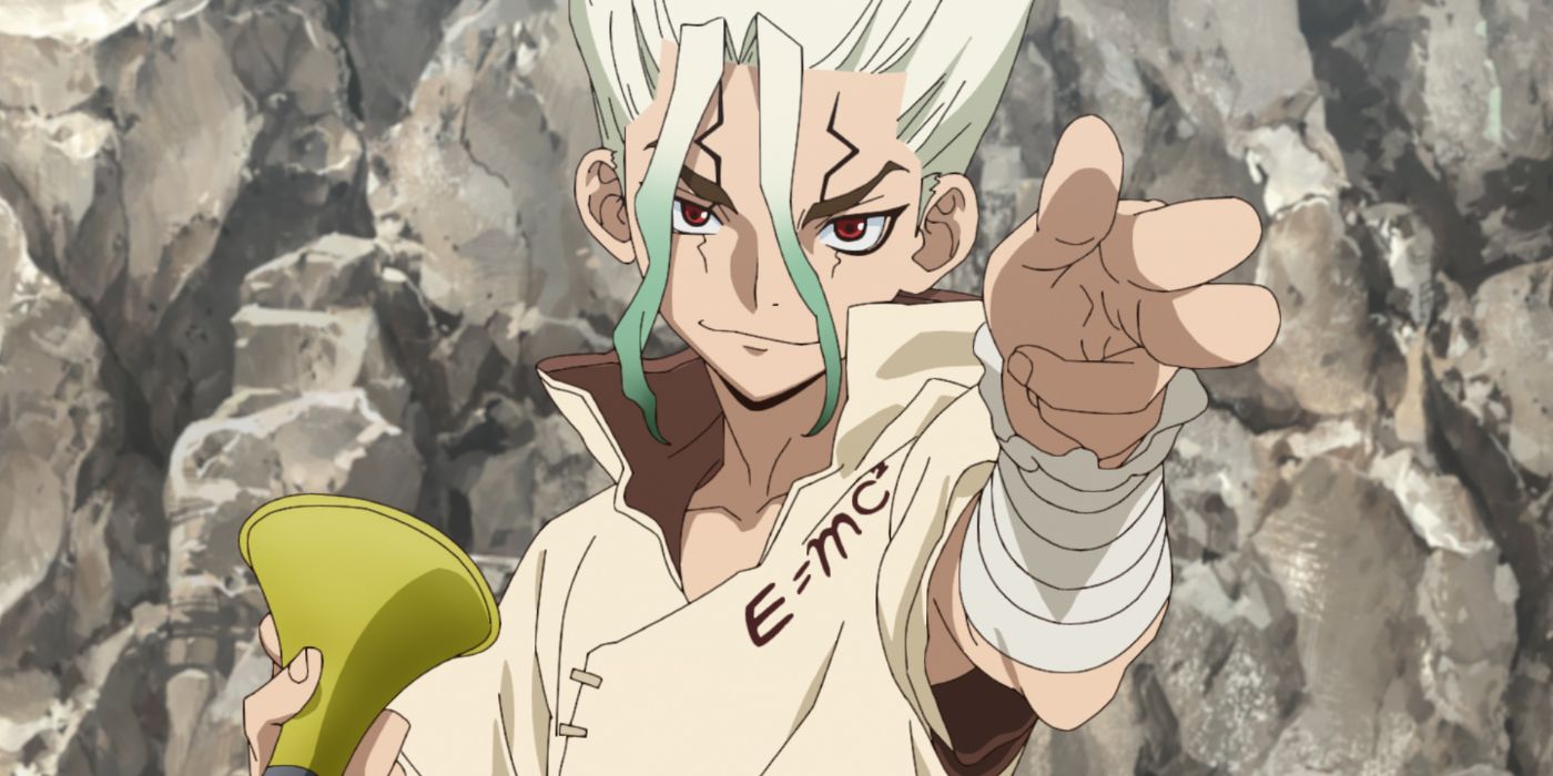 Senku pointing in Dr. Stone anime