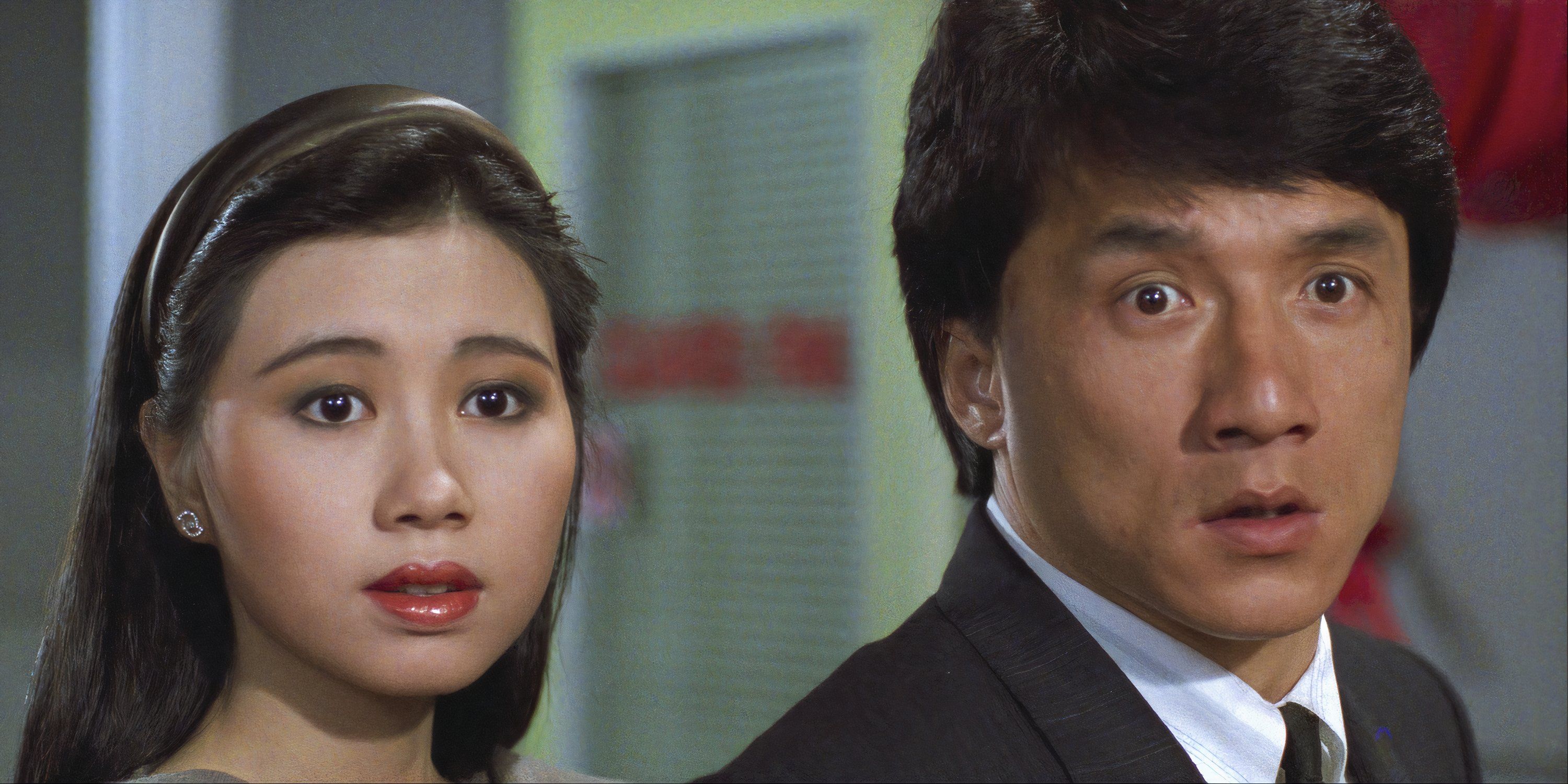 Close-up of Jackie Chan and a woman with a surprised look in Dragons Forever.