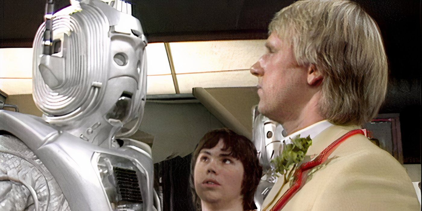 The Fifth Doctor (Peter Davison ) encounters a Cyberman in 'Earthshock' (Doctor Who)