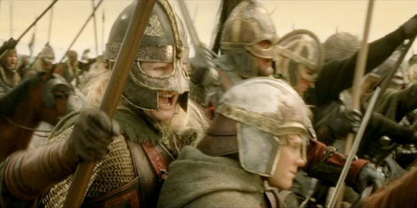 Eowyn (Miranda Otto) and Merry (Dominic Monaghan) ride into battle together with the charging Rohirrim in 'The Lord of the Rings: The Return of the King' (2003).