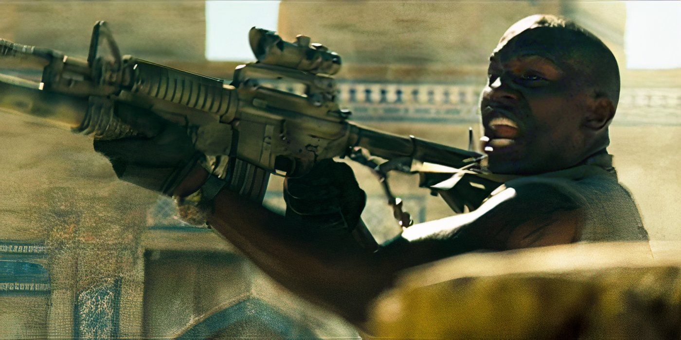 Sergeant Epps yelling while shooting his gun in Transformers