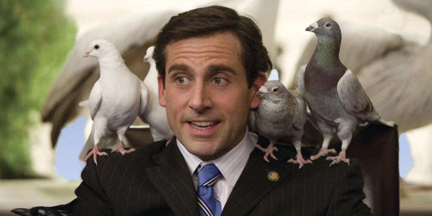 A group of pigeons rest on Evan&rsquo;s (Steve Carell) shoulder in the movie Evan Almighty.
