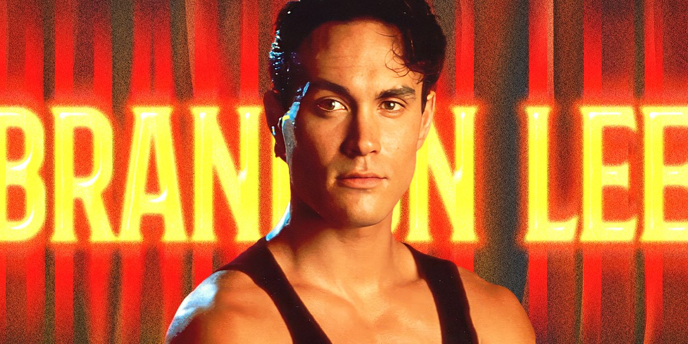 Blended image showing Brandon Lee with his name in large yellow letters in the background.