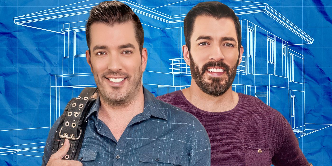 Una imagen personalizada de Jonathan y Drew Scott parados frente a los planos de sus casas.