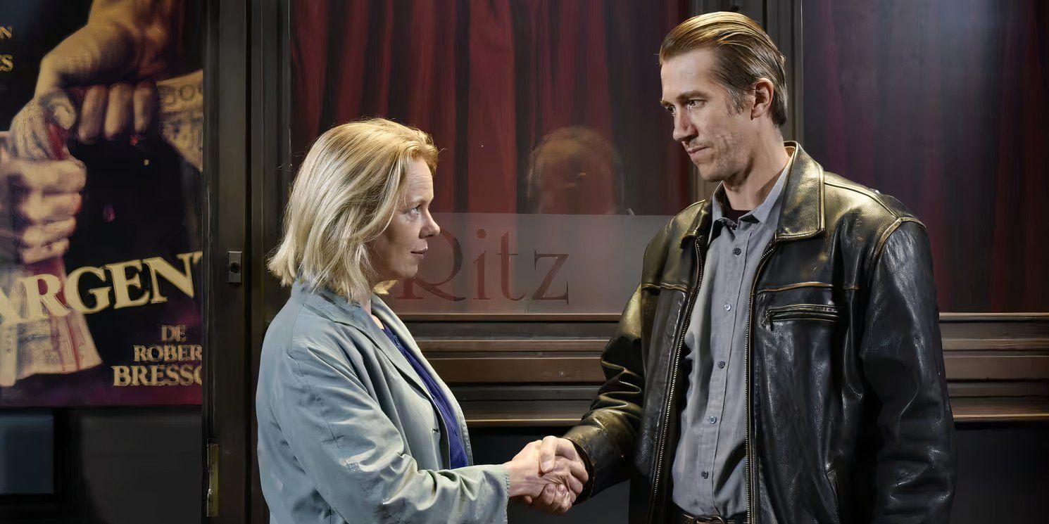 Jussi Vatanen as Holappa and Alma Pöysti shaking hands in Fallen Leaves