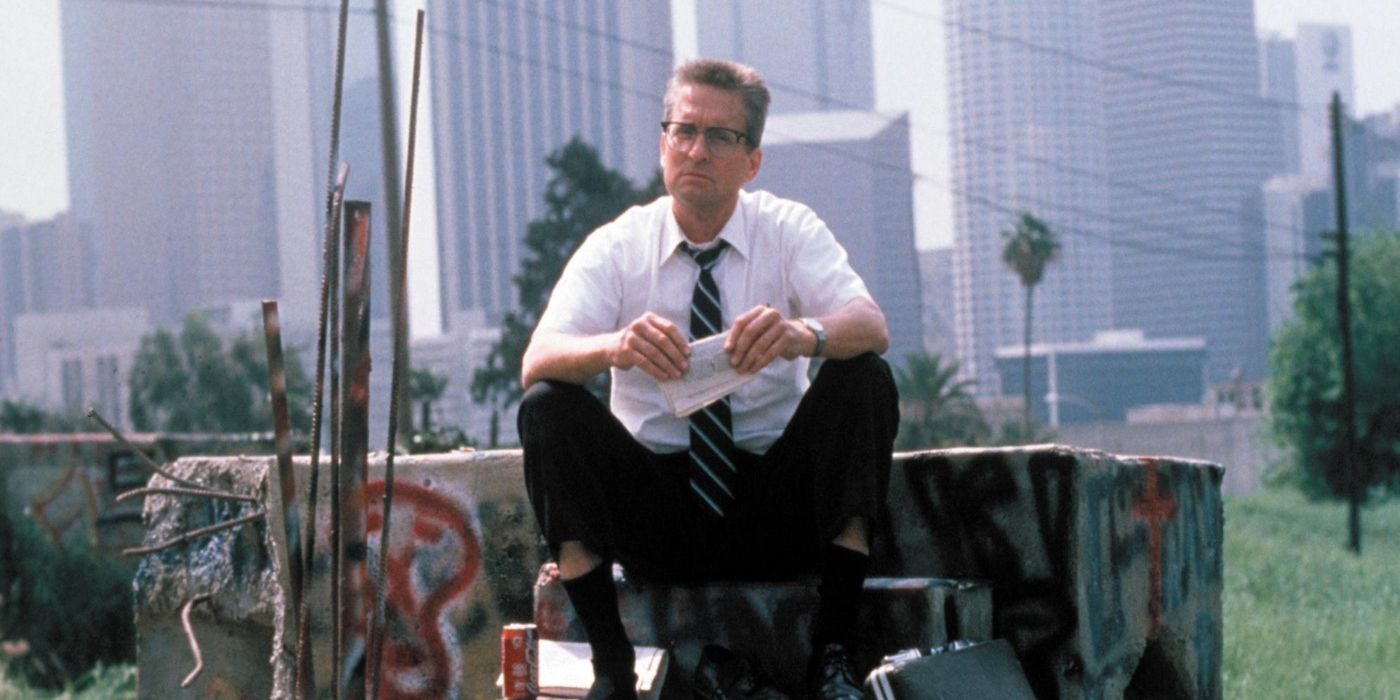 Michael Douglas' D-Fens squatting and thinking in Falling Down