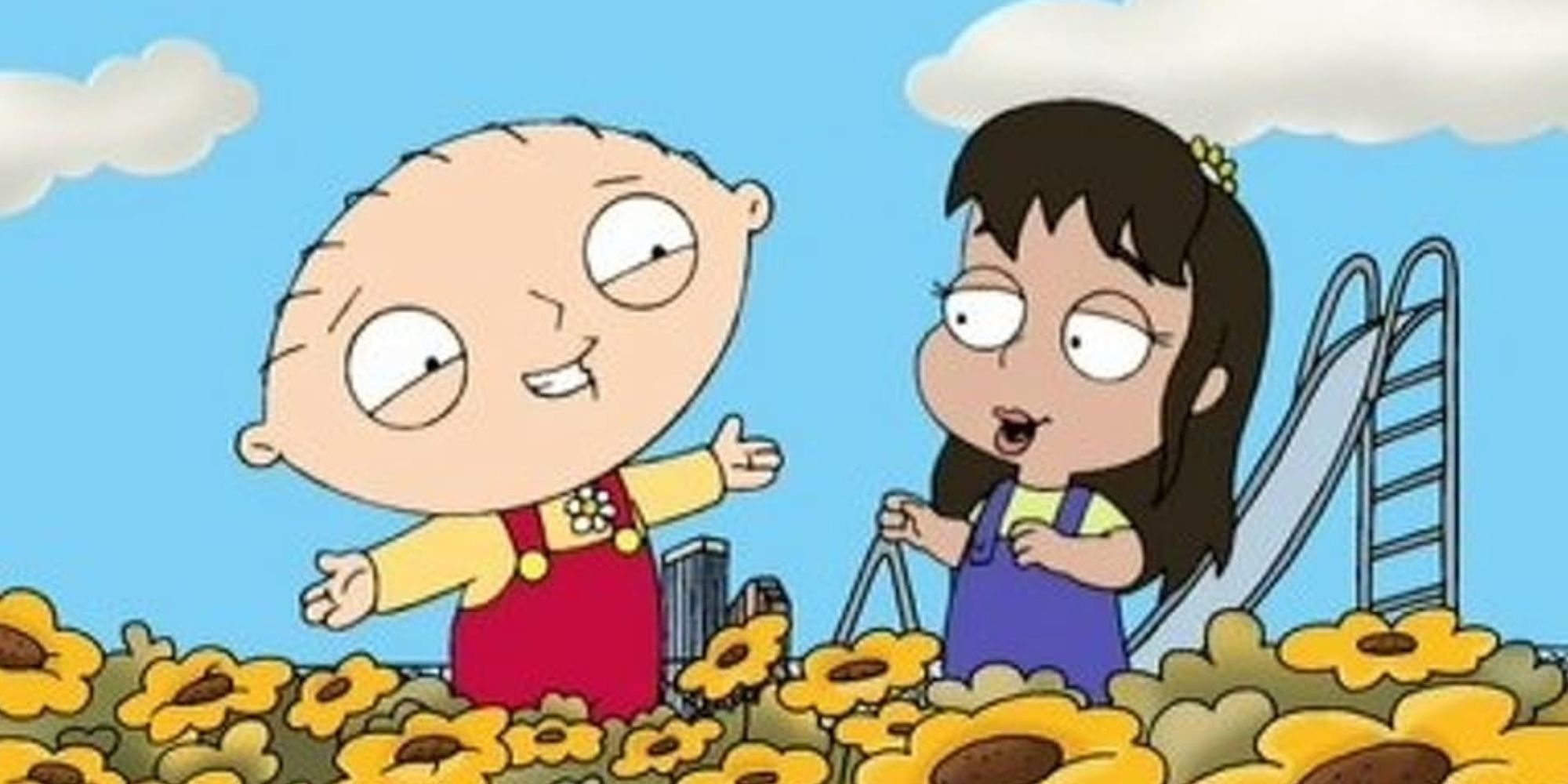 Stewie Griffin standing with Janet in a field of yellow flowers in Family Guy