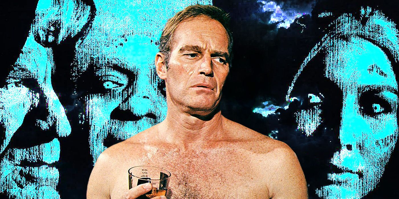 Custom image of Charlton Heston in Omega Man against neon background filled with faces