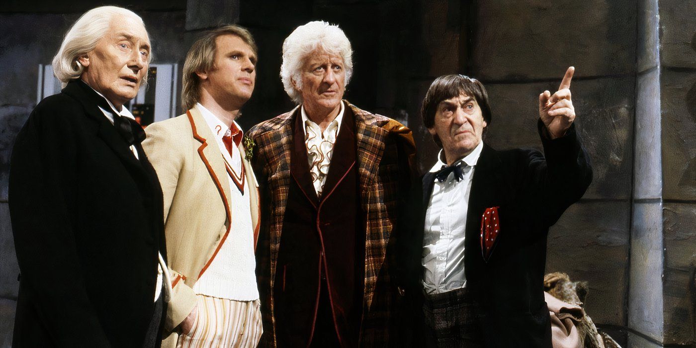 Four Generations of Classic Doctors in 'The Five Doctors' (Doctor Who).