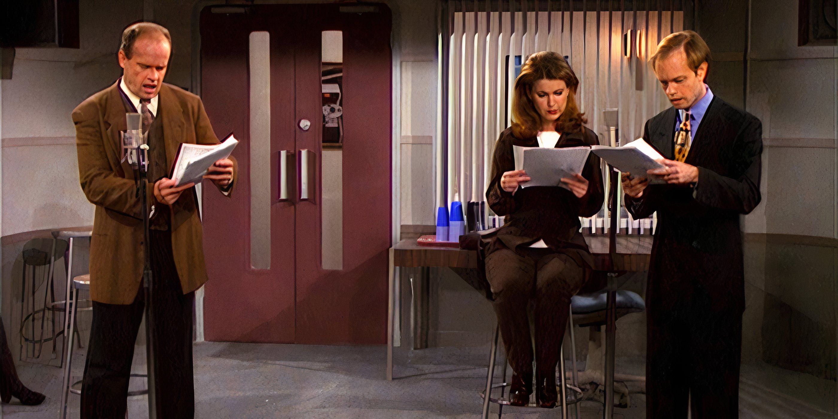 Niles, Roz and Frasier perform a radio drama in 'Frasier'