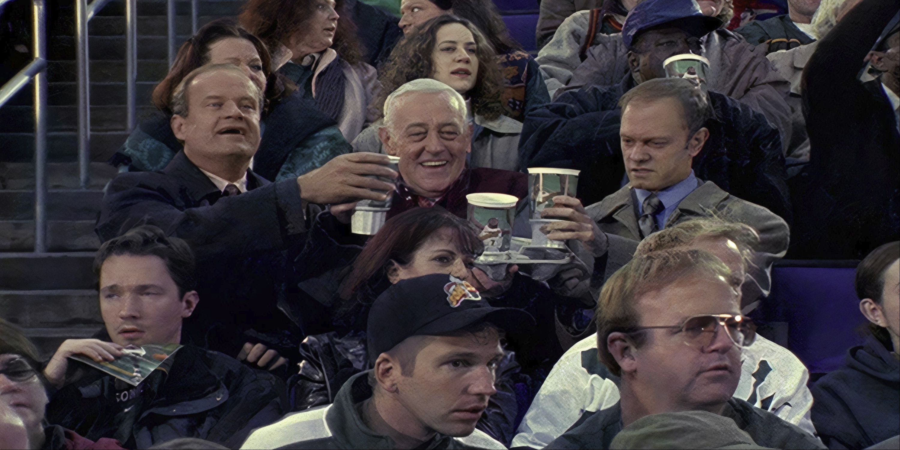 Frasier, Martin and Niles toast at a Sonics game in 'Frasier'