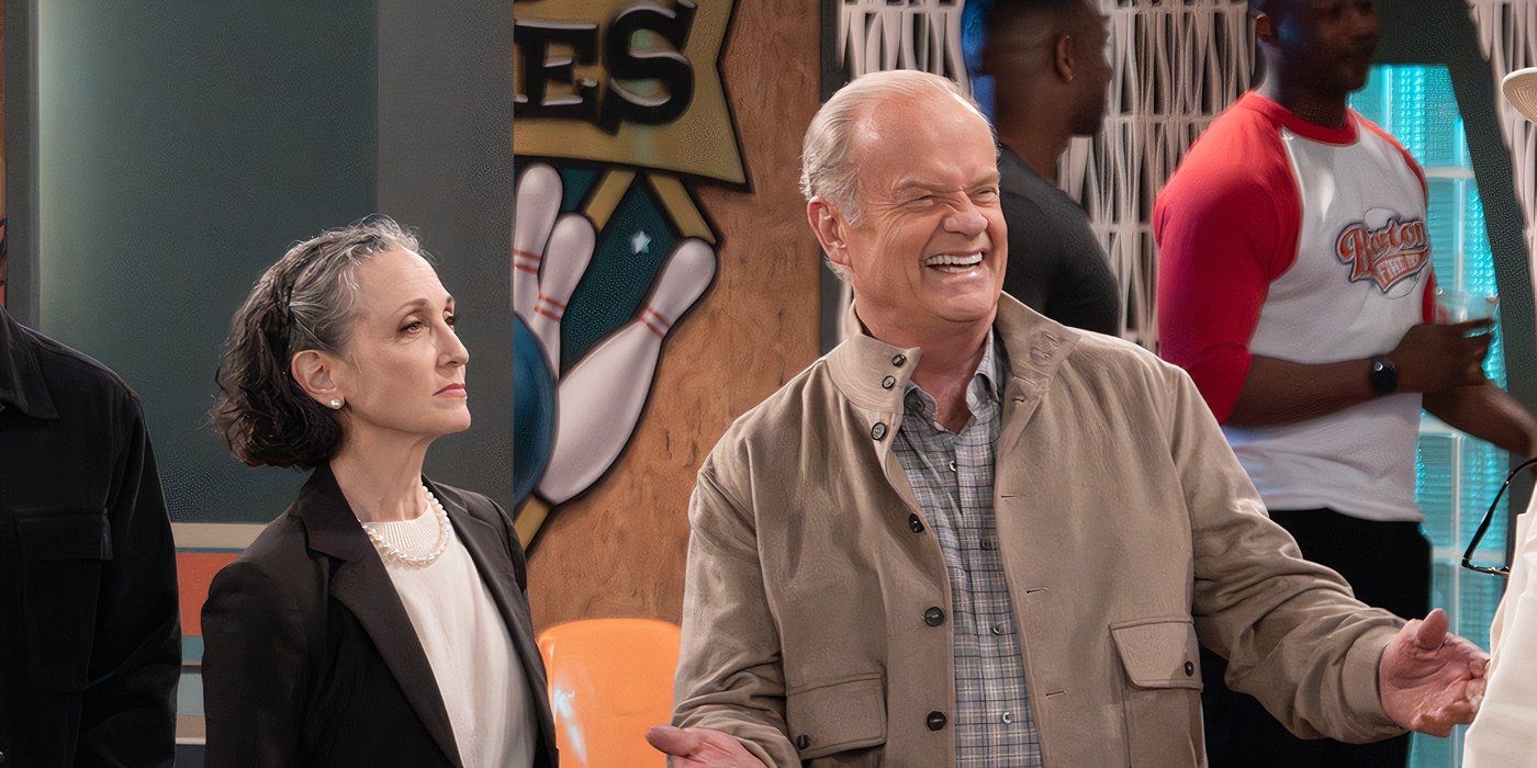 Kelsey Grammer and Bebe Neuwirth at a bowling alley in Frasier Season 1 of the reboot series