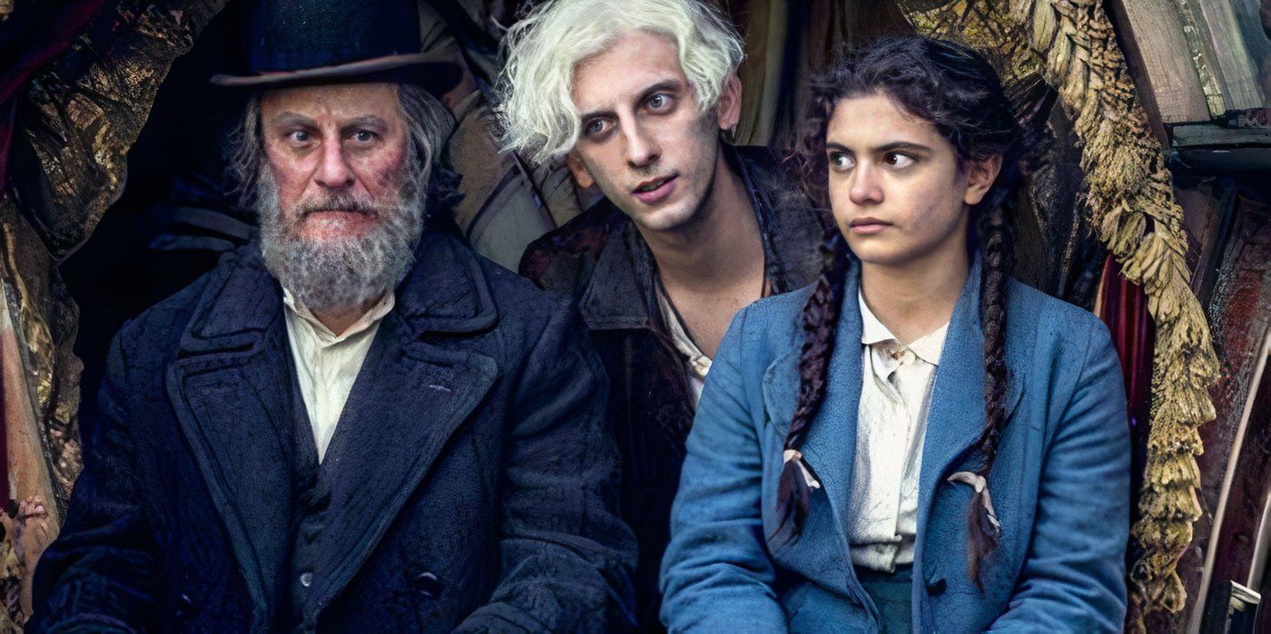 Left to right: Mario, Cencio, and Matilde sitting together and looking confused in Freaks Out