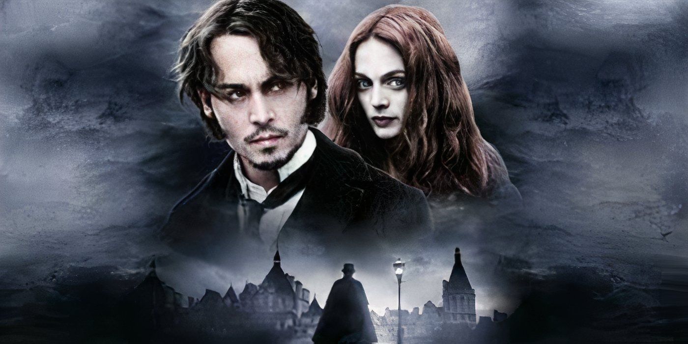 Promotional image for 'From Hell' featuring Johnny Depp as Abberline (left) and Heather Graham as Mary Kelly (right) against a dark sky. Beneaht them is a graveyard with a shadowy figure in a top hat walking through it. 