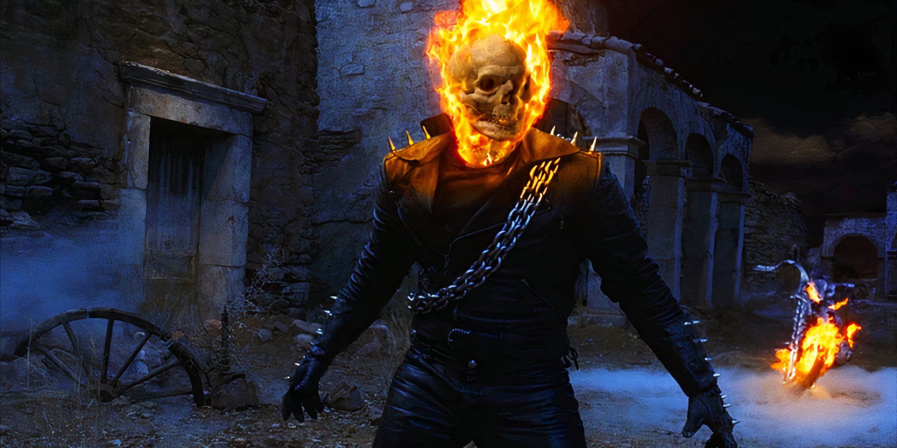 Ghost Rider wanders through an abandoned churchyard in Ghost Rider.