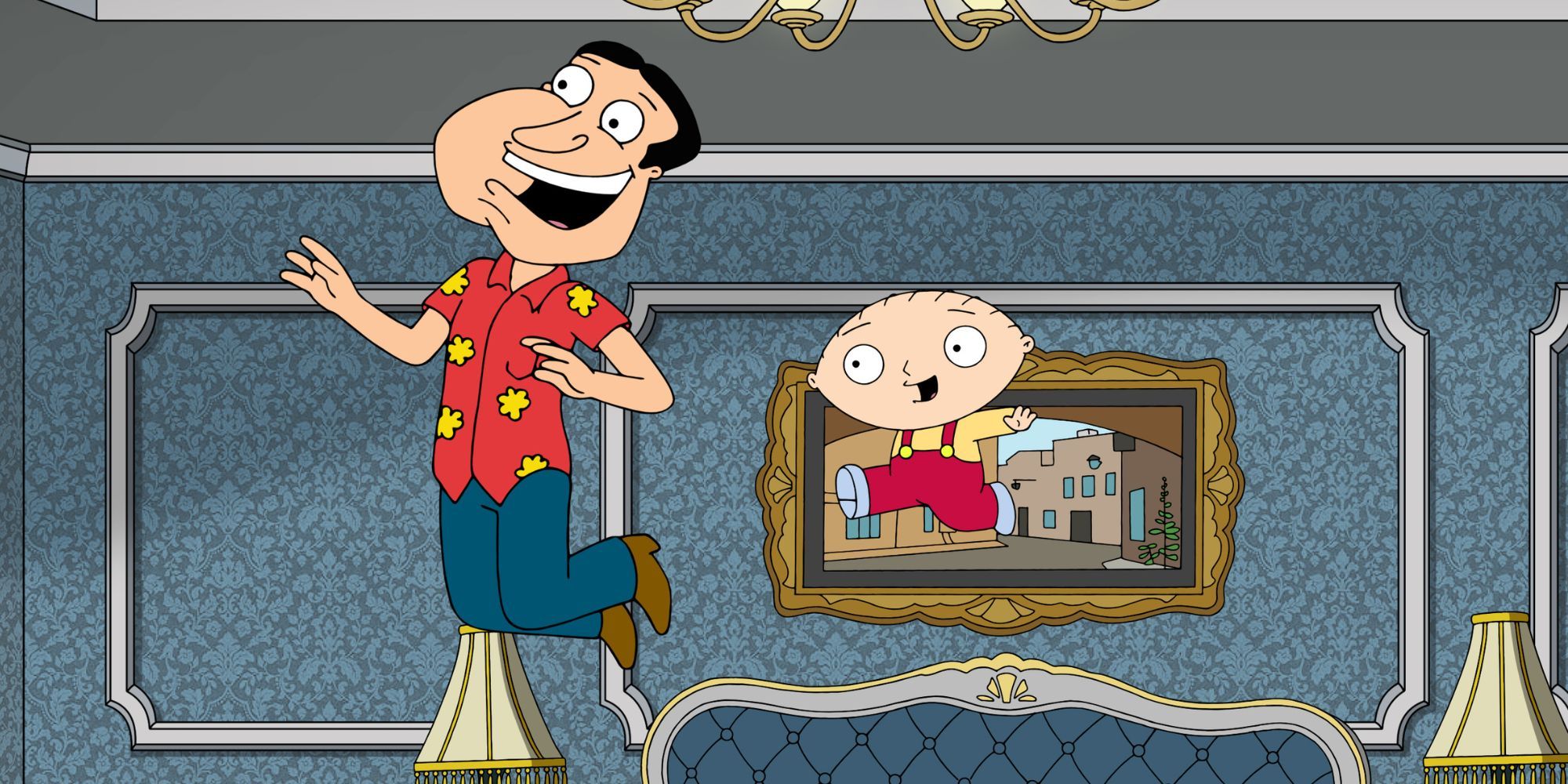 Glenn Quagmire and Stewie Griffin jumping on a bed in Family Guy