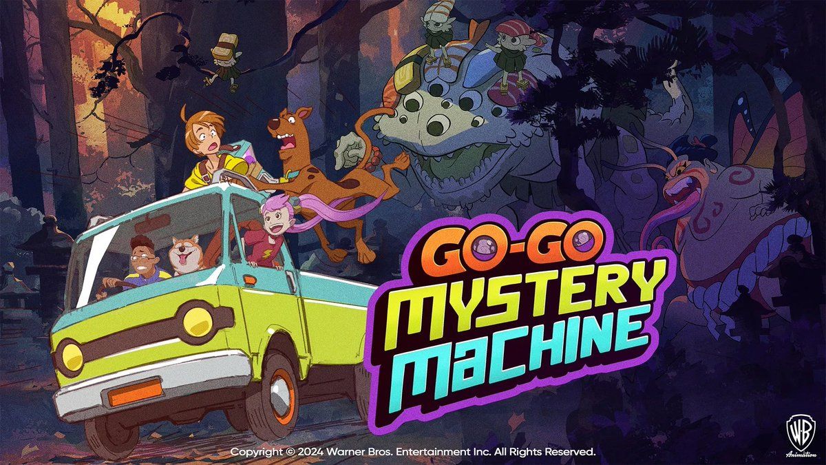 Scooby y Shaggy encima de la máquina misteriosa conducida por tres nuevos personajes mientras son perseguidos por monstruos en Go-Go Mystery Machine
