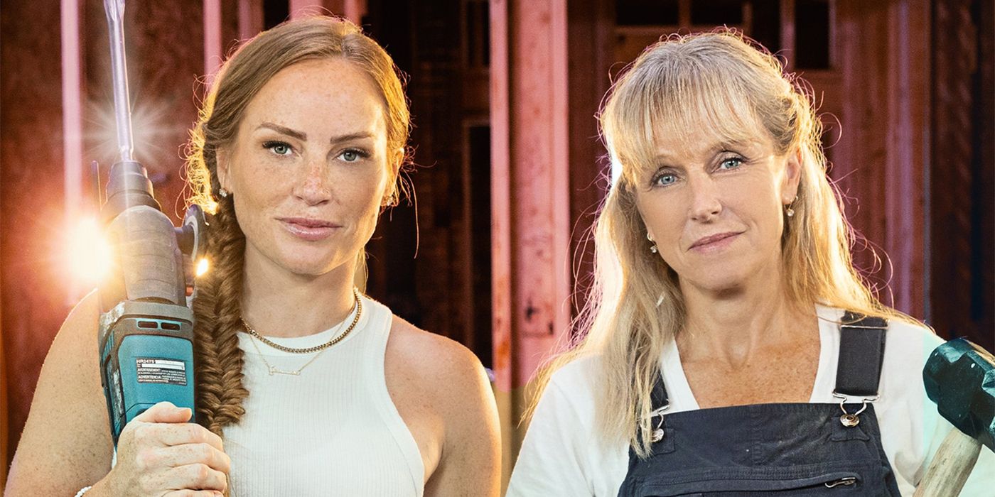 Mina Starsiak Hawk & Karen E. Laine pose holding tools for a Good Bones Season 7 shoot.