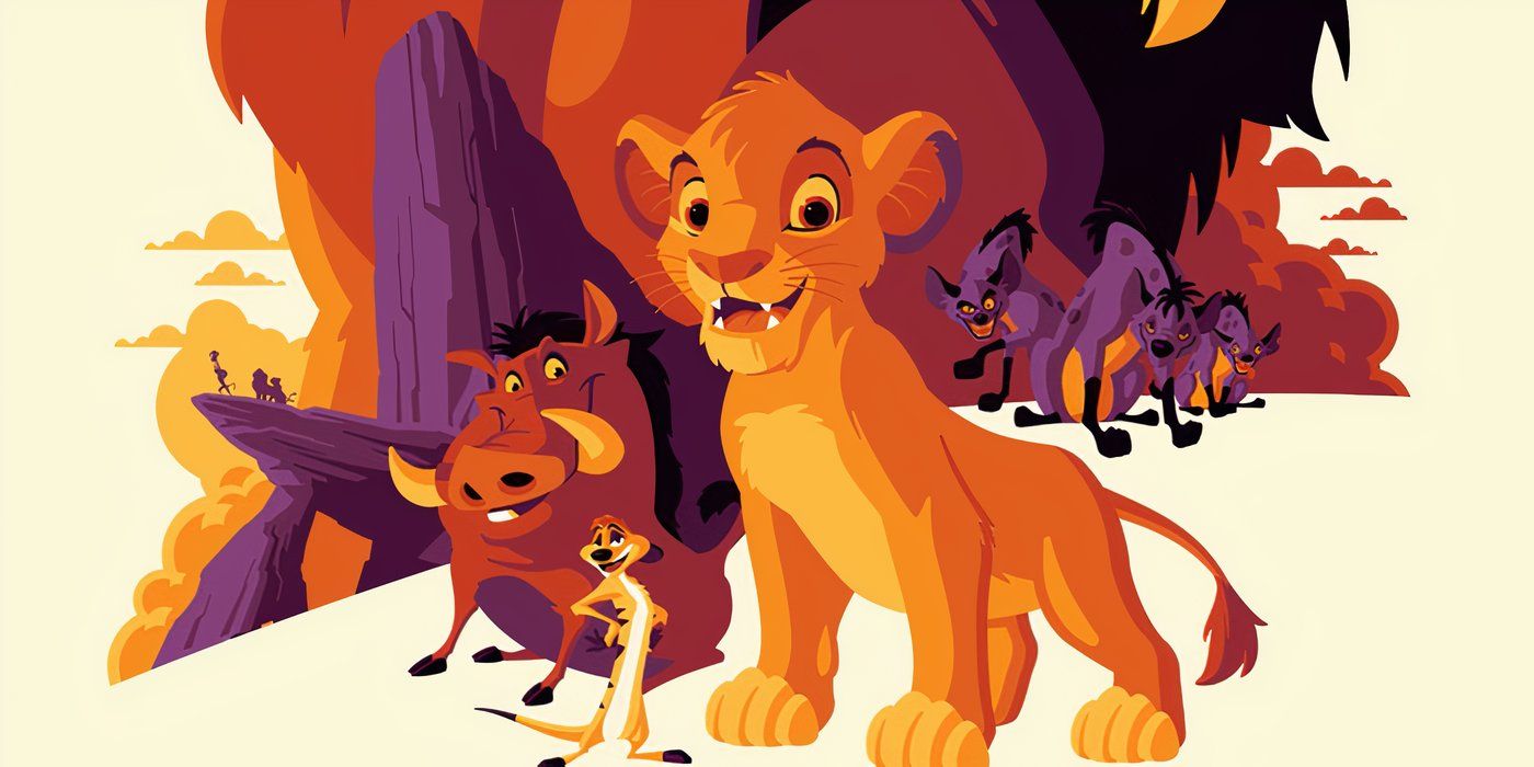Simba, Timon, and Pumba on a poster for the lion king in front of pride rock and the hyenas 