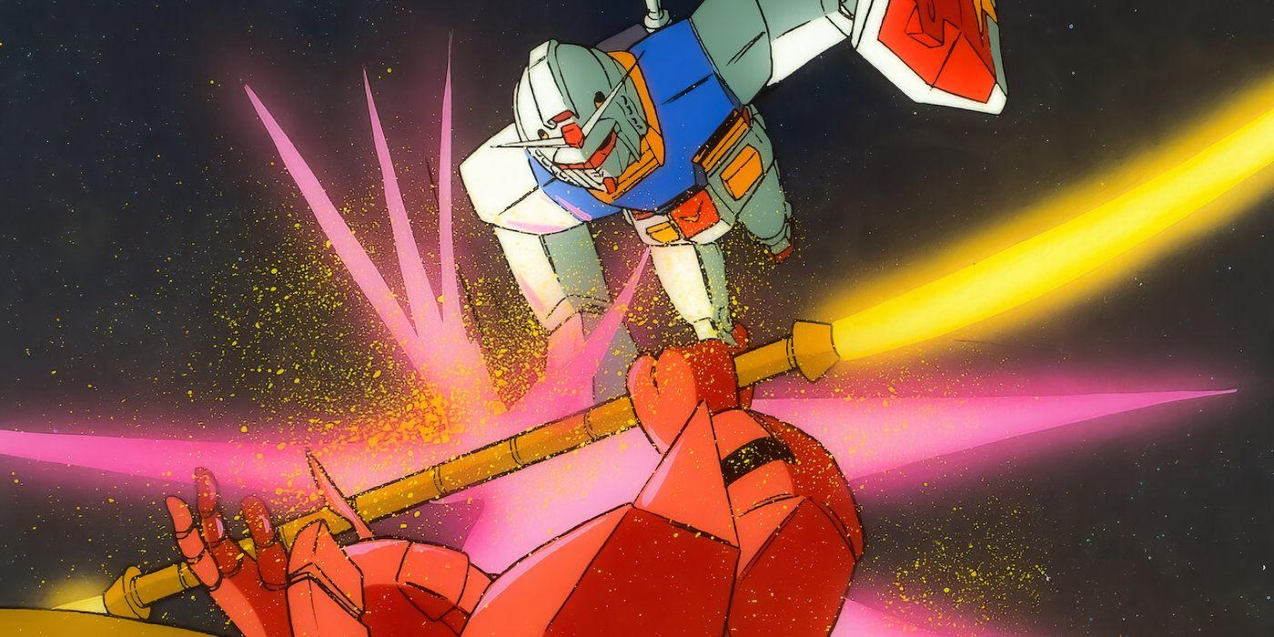 Gundam attacking another robot with its sword in Mobile Suit Gundam III: Encounters in Space