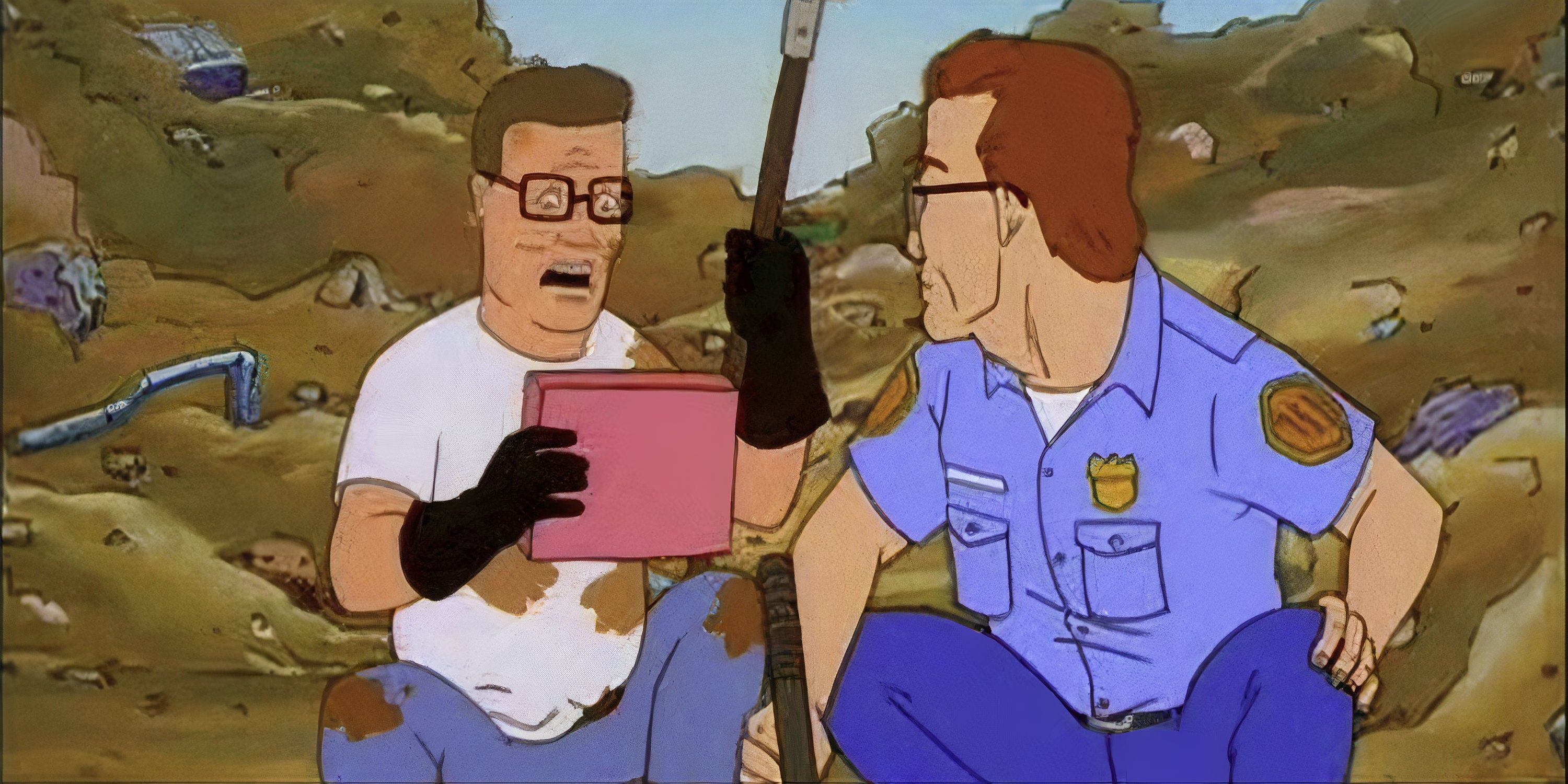 Hank Hill holding a box looking surprised while a cop looks at him in King of the Hill.