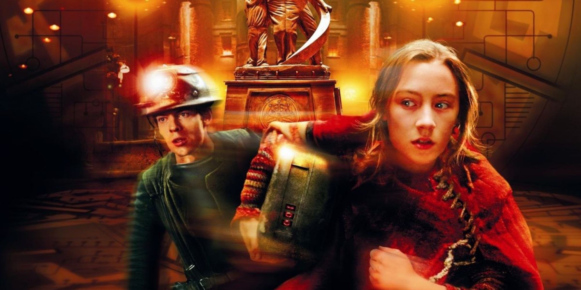 Harry Treadaway and Saoirse Ronan running away from something in a promo image for in City of Ember