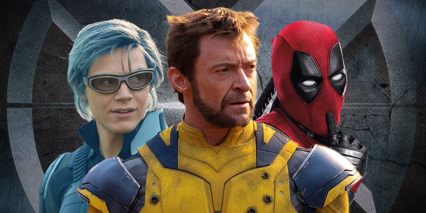 Evan Peters, Hugh Jackman, and Ryan Reynolds as Quicksilver, Wolverine, and Deadpool, in front of the X-Men logo